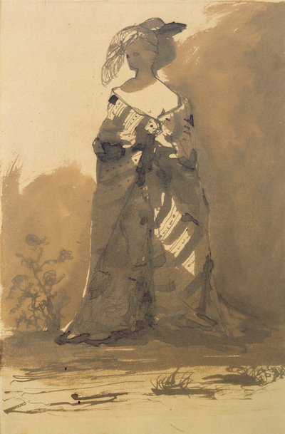 Palto ve Tüylü Şapka Takan Kadın (kalem ve mürekkep ve kağıt üzerinde yıkama) by Victor Hugo