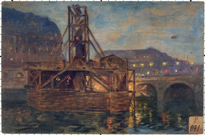 Les travaux du métropolitain au pont Saint-Michel en 1906, in 11-1906 (ahşap üzerine yağlıboya) by Victor Marec