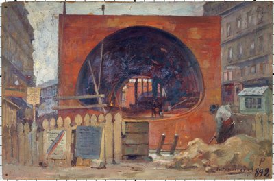 Les travaux du métropolitain place Saint-Michel en 1906, in 11-1906 (yağlıboya) by Victor Marec