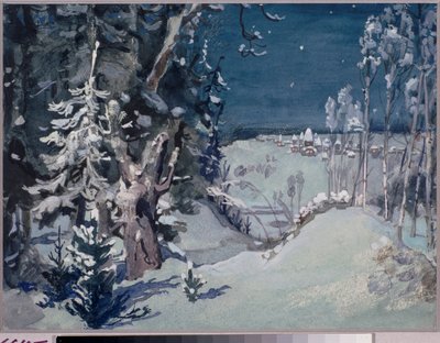 Nicolas (Nikolai) Rimsky Korsakov (Rimsky-Korsakov) (1844-1908) tarafından "The Snow Maiden" operası için hazırlık dekoru (N Rimsky Korsakov tarafından Snow Maiden operası için sahne tasarımı) Kar manzarasında bir köy, gece - Viktor Mi