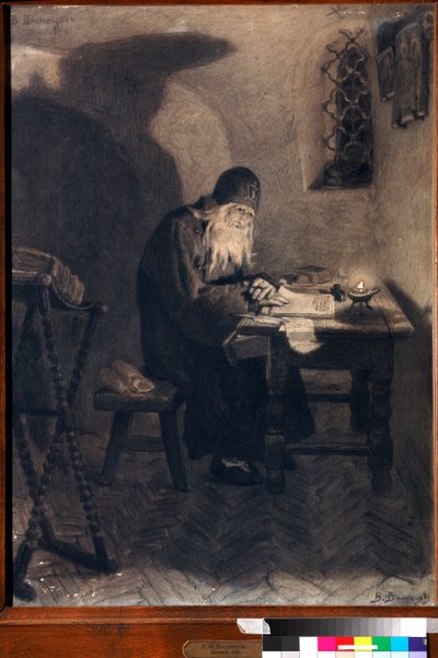 "Pimene" (Pimen) Alexander Pushkin'in "Boris Godunov" (Boris Godunov) operası için illüstrasyon Viktor Vasnetsov (1848-1926) - 1891 - Kömür, renkli kalem ve kağıt üzerine beyaz renk - Abramtsevo Devlet Müzesi Emlak, Moskova by Victor Mikhailovich Vasnetsov