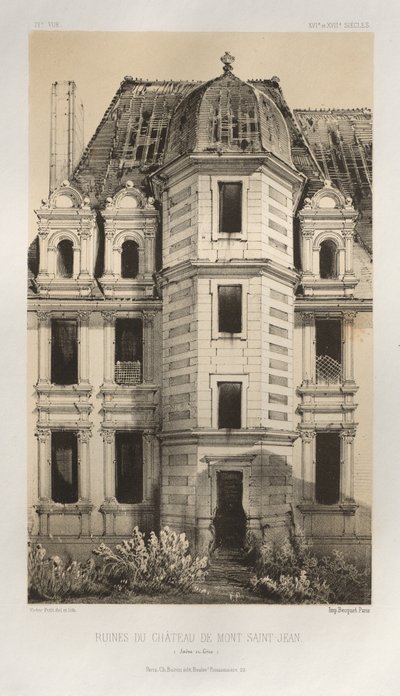 15. Yüzyılın Pitoresk Mimarisi veya Anıtları. ve XVI. Yüzyıllar: XV ve XVI Yüzyılların Fransa Kaleleri: Levha 71, Mont-Saint-Jean Kalesi Harabeleri (Saône et Loire) by Victor Petit