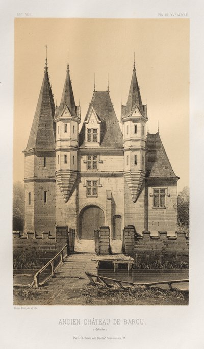 15. Yüzyılın Pitoresk Mimarisi veya Anıtları. ve XVI. Yüzyıllar: XV ve XVI Yüzyılların Fransa Kaleleri: Levha 88, Eski Barou Kalesi (Calvados) by Victor Petit