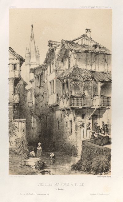 15. Yüzyılın Pitoresk Mimarisi veya Anıtları. ve XVI. Yüzyıllar: XV ve XVI Yüzyılların Chateaux De France: Levha 10, Tüldeki Eski Evler (Correze) by Victor Petit