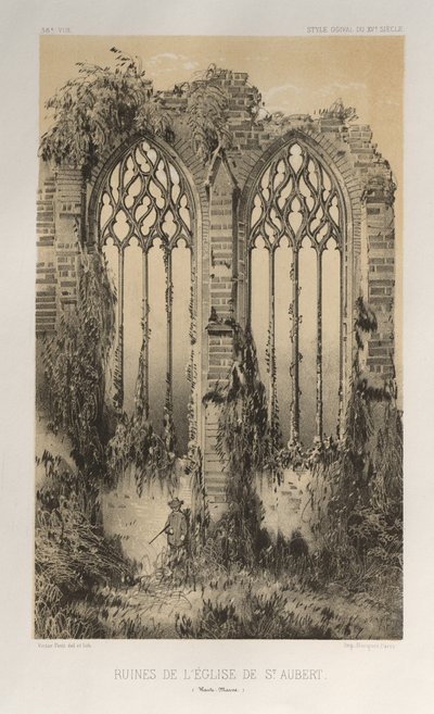 15. Yüzyılın Pitoresk Mimarisi veya Anıtları. ve XVI. Yüzyıllar: XV ve XVI Yüzyılların Fransa Şatosu: Levha 38, St. Aubert Kilisesi Harabeleri (Haute-Marne) by Victor Petit