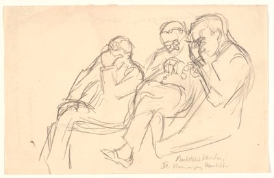 Şekil kroki. Üç oturan adam: Fr. Henningsen, Aarsleff ve P. Johansen by Viggo Johansen