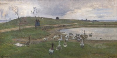 Bir göl kenarında kazlar. Çalkantılı havaya karşı. Ejderha by Viggo Johansen