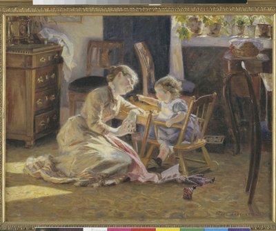 Salonda Güneş Işığı. Sanatçının Karısı ve Çocuğu by Viggo Pedersen