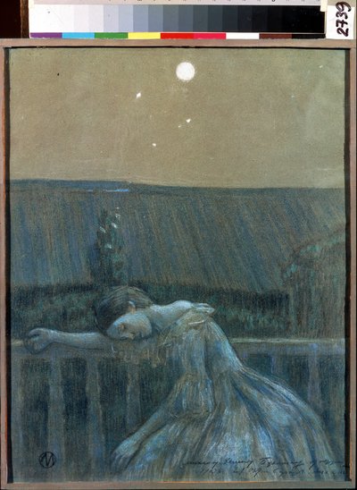 "Hüzün" (Hüzün) Korkuluklara yaslanmış çaresiz bir genç kız. Viktor (Victor) Elpidiforovich Borisov-Musatov (Borisov Musatov) (1870-1905) (sembolizm) tarafından suluboya ve pastel 1903 Devlet Tarih ve Sanat Müzesi Serpukhov (Serpukhov). by Viktor Elpidiforovich Borisov Musatov