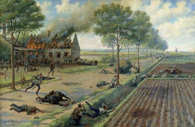 1915'te Bir Köyde Almanlarla Savaşan Rus Süvarileri, c.1915-16 (tuval üzerine yağlı boya) by Viktor Viketyevich Masurovsky