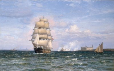 Uzaktan Kronborg Kalesi ve Elsinore önünde Danimarkalı mavna by Vilhelm Arnesen