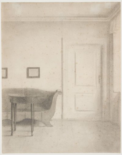 Kanepe ve küçük masa ile iç mekan, t.h. bir kapı by Vilhelm Hammershøi