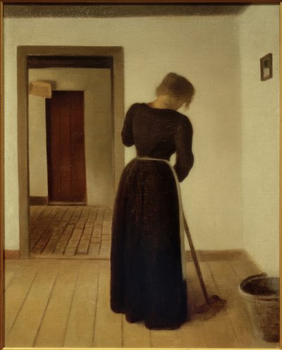 Genç bir kadın süpürme ile iç by Vilhelm Hammershoi