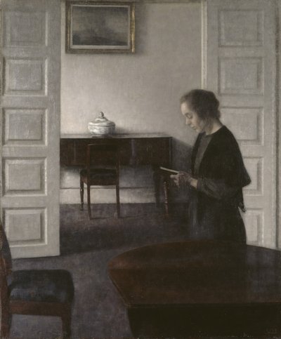 Lady Reading ile iç mekan, c.1900 (tuval üzerine yağlı boya) by Vilhelm Hammershoi