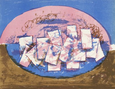 Kahverengi ve mavi arka planda kareler olan mavi ve pembe elips by Vilhelm Lundstrøm