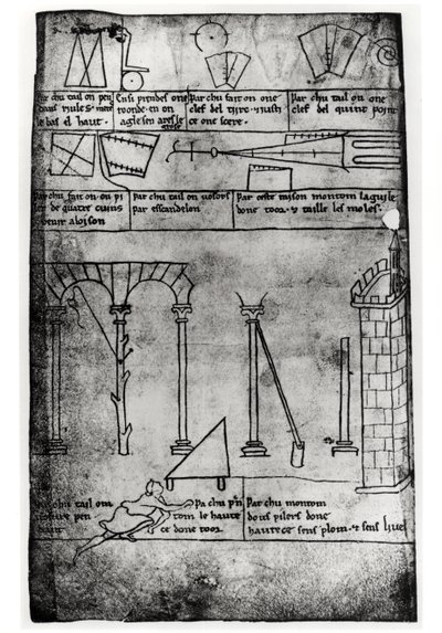 Ms.Fr.19093 fol.20v İnşaat, kemerler ve bir kulenin yüksekliğini ölçen adam için geometrik şekiller (faks kopyası) by Villard de Honnecourt