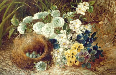 Yosunlu Bir Bankada Çiçeklerden Bir Natürmort ve Bir Kuş Yuvası by Vincent (after) Clare