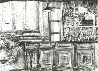 Cafe at the Royal Exchange, Manchester, 2011, (Kağıt üzerine mürekkep) by Vincent Alexander Booth
