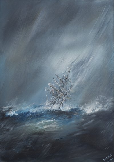 HMS Beagle, 24 Aralık 1832'de Horn Burnu'ndaki Fırtınada. 2012, (Tuval üzerine yağlı boya) by Vincent Alexander Booth