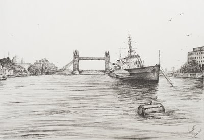 Thames Nehri üzerinde HMS Belfast, Londra, 2006, (Kağıt Üzerine Mürekkep) by Vincent Alexander Booth