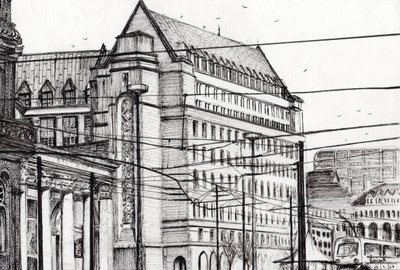 Manchester Belediye Binası, 2007, (kağıt üzerine mürekkep) by Vincent Alexander Booth