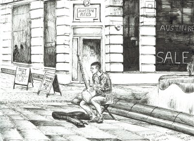Müzisyen St. Anns Meydanı, 2016, (Kağıt üzerine mürekkep) by Vincent Alexander Booth