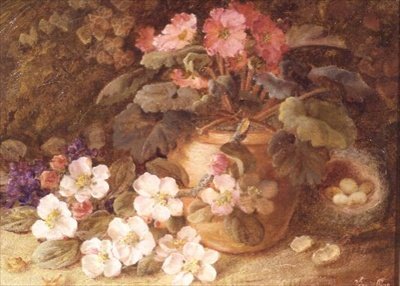 Elma Çiçeği, Primula ve Kuş Yuvası ile Natürmort by Vincent Clare