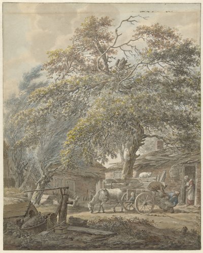 İki adamın at arabasına beşik yüklediği çiftlik avlusu by Vincent Jansz. van der Vinne