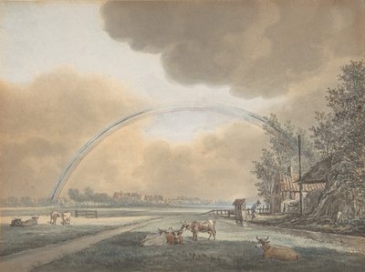 Bir Çiftlik Evi ve Uzak Köy Üzerinde Gökkuşağı ile Manzara, n.d.. by Vincent Jansz. van der Vinne