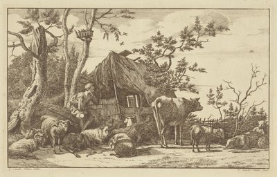 Terkedilmiş Bir Ahırın Önünde Sığır Oturan Çoban by Vincent Jansz. van der Vinne