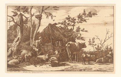 Terkedilmiş Bir Ahırın Önünde Sığır Oturan Çoban by Vincent Jansz. van der Vinne