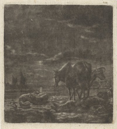 Uyuyan çoban ve sığır ile gece manzarası by Vincent Laurensz. van der Vinne (II)