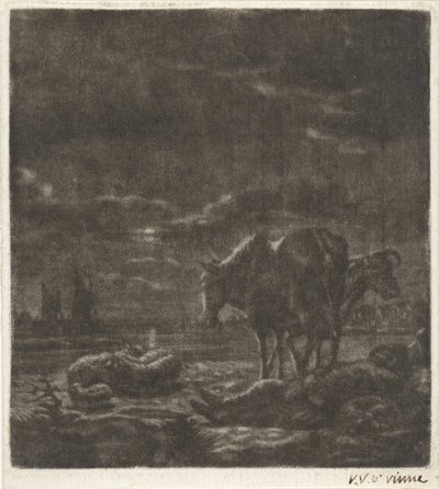 Uyuyan çoban ve sığır ile gece manzarası by Vincent Laurensz. van der Vinne (II)