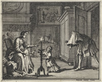 Baba bir çocuğu bir iç mekanda korkutuyor by Vincent Laurensz. van der Vinne (II)