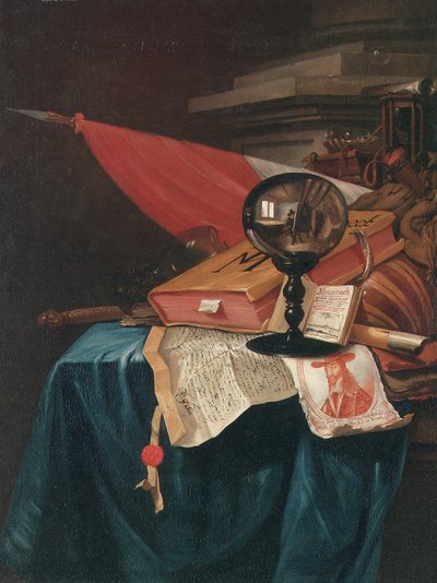Vanitas sanatçının şövalesiyle kristal bir küreye yansıyan natürmort by Vincent Laurensz van der Vinne