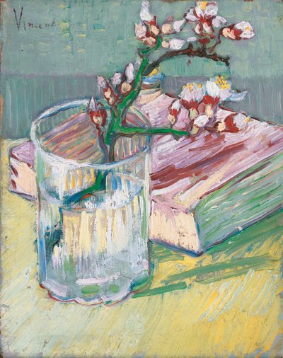 Bir kitapla bir bardakta çiçekli badem dalı, 1888 by Vincent van Gogh
