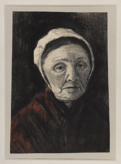 Scheveninger şapkalı yaşlı bir kadının başı, 1882-83 (kağıt üzerinde kömür, siyah ve kahverengi tebeşir) by Vincent van Gogh