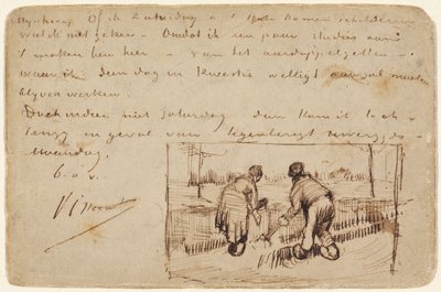 Kazma İki Köylü ile Kartpostal, 1885 (kartpostalda kalem ve kahverengi mürekkep) by Vincent van Gogh