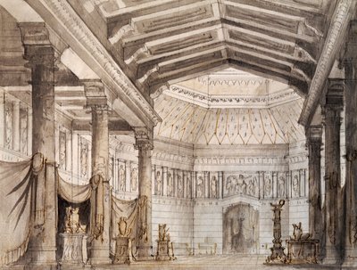 Venedik'teki La Fenice Tiyatrosu'nda sahnelenen Vincenzo Bellini'nin (1801-1835) operası Norma'nın ikinci sahnesi için Francesco Bagnara'nın set tasarımı by Vincenzo Bellini
