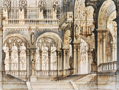 Venedik'teki La Fenice Tiyatrosu'nda sahnelenen Vincenzo Bellini'nin (1801-1835) operası Capuleti ve Montecchi'nin üçüncü sahnesi için Francesco Bagnara'nın set tasarımı by Vincenzo Bellini