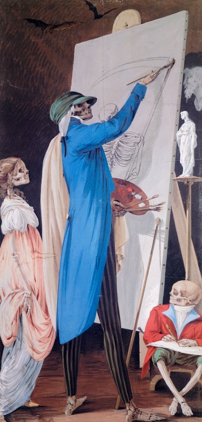 Ressam ve cüceli karısı, Yaşayan İskeletlerin Sahneleri Döngüsü#39;nden, Paolo Vincenzo Bonomini (1757-1839), tuval üzerine tempera Santa Grata Inter Vites Kilisesi, Borgo Canale, Bergamo, İtalya by Vincenzo Bonomini