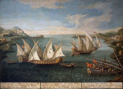 Marco Ivanovich Dobrota'nın Venedik gemileri ile Patras açıklarında Türk gemileri arasında 17 Nisan'da deniz savaşı by Vincenzo Chilone