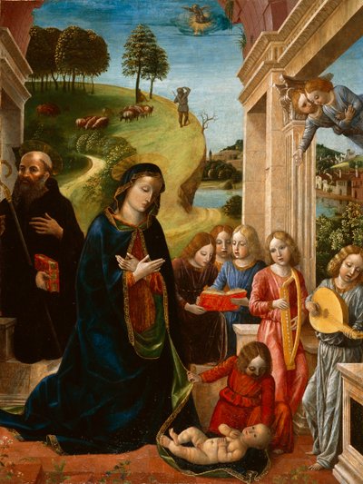 Aziz Benedict ve Melekler ile Çocuğun Tapınması, c.1478 (tuval üzerine tempera) by Vincenzo Foppa