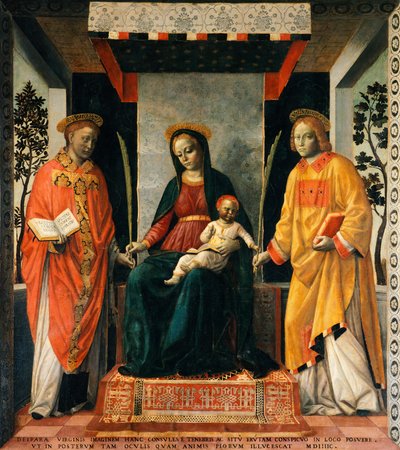 Aziz Faustinus ve Aziz Jovita arasında Madonna ve Çocuk, Vincenzo Foppa (yaklaşık 1427-ca 1515), tuval üzerine Tempera, 205x226 cm by Vincenzo Foppa
