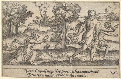 Atalanta ve Hippomenes, ön planda Atalanta bir elma almak için diz çökmüş ve..., ca. 1535-62. by Virgil Solis