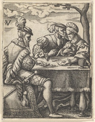 Masada kağıt oynayan iki adam ve bir kadın, bir adam burnunu ..., ca. 1535-62. by Virgil Solis