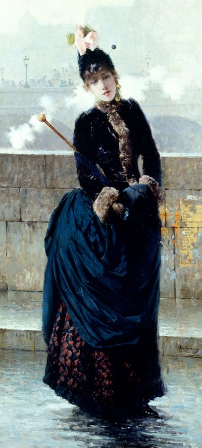 Vittorio Matteo Corcos (1859-1933) tarafından Paris'te köprüde kadın, tuval üzerine yağlı boya by Vittorio Matteo Corcos