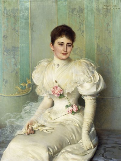 Beyaz bir elbise giymiş, dörtte üç boyunda oturan bir Hanımefendinin Portresi by Vittorio Matteo Corcos