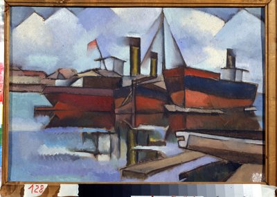 Buharlı tekneler - Tablo Vladimir Davidovich Baranov Rossine (Baranov-Rossine) (Wladimir Daniel Baranoff Rossine (Baranoff-Rossine) (1888-1944) tarafından yapılmış - Tuval üzerine yağlı boya, 35.5 x 51.5 cm by Vladimir Davidovich Baranov Rossine