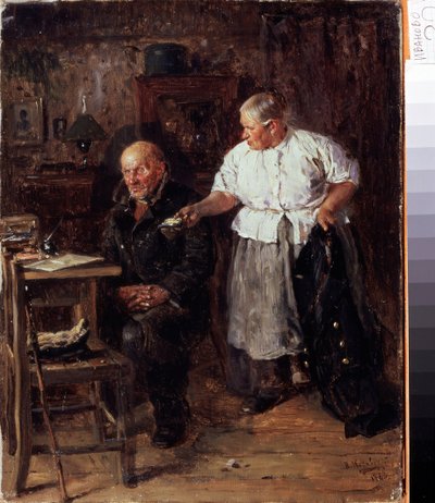 Azarlama (Azarlama). İçerideki yaşlı bir çift, karısı kocasına cüzdanını göstererek sitem ediyor. Vladimir Yegorovich Makovsky